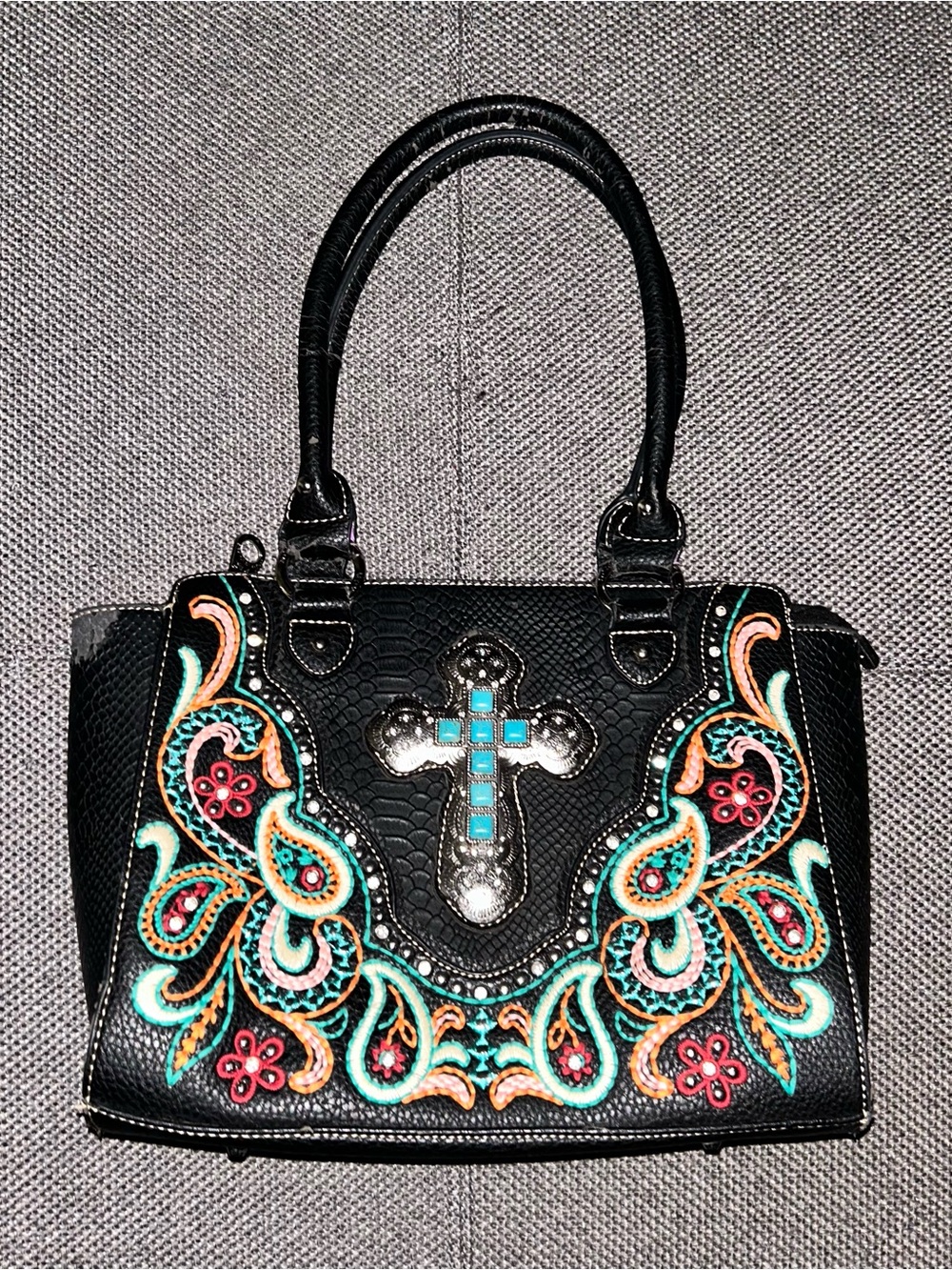 Vintage Montana West Embroidered Black  Turquoise Cross Accent Handbag Purse